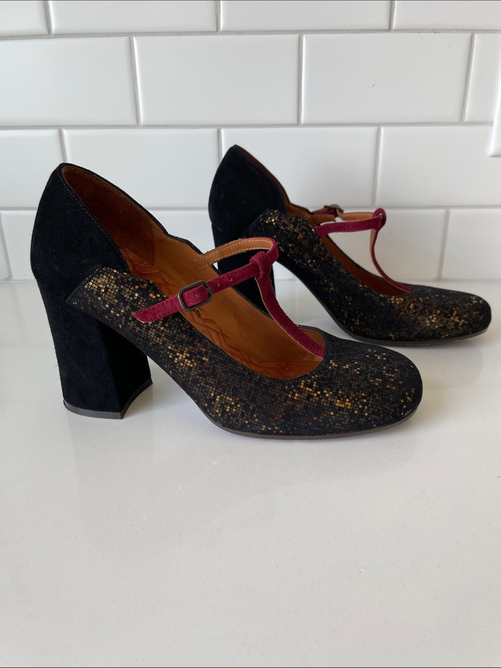 Chie Mihara Black Glitter Mary Jane Heels with Wine Pink Strap • Size 37 - Picture 8 of 16